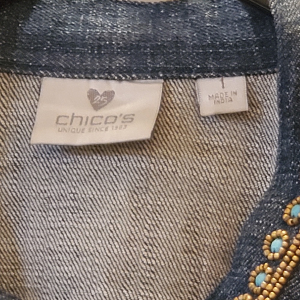 CHICO'S Dark Stretch Denim, Turquoise and Brass-Beads Jacket - Picture 4 of 4